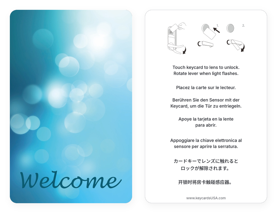 Generic RFID hotel key card from Key Cards USA, front and back